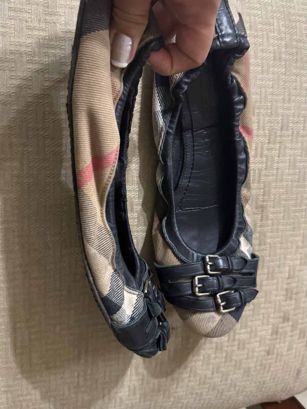 Burberry Beige Plaid Ballet Flats with Black Leather Trim